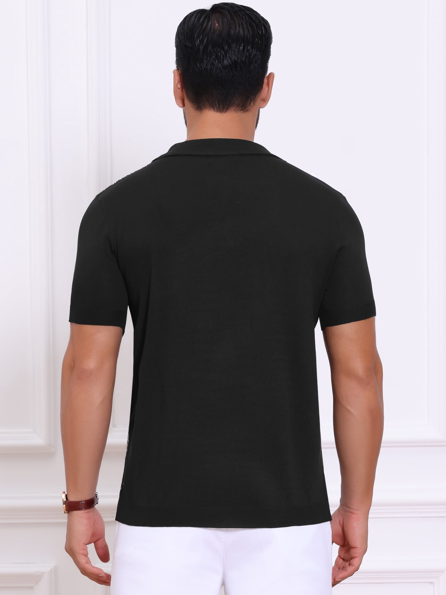 DARING DIVA Men's Striped Short Sleeves Button Down Jacquard Polo Shirts M Black
