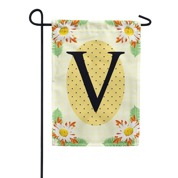 America Forever Spring Monogram Garden Flag Letter V 12.5 x 18 inches Double Sided Vertical Outdoor, Yard, Lawn, Beautiful Bright Summer Flowers, Daisies, White Flowers, Polka Dots Garden Flag