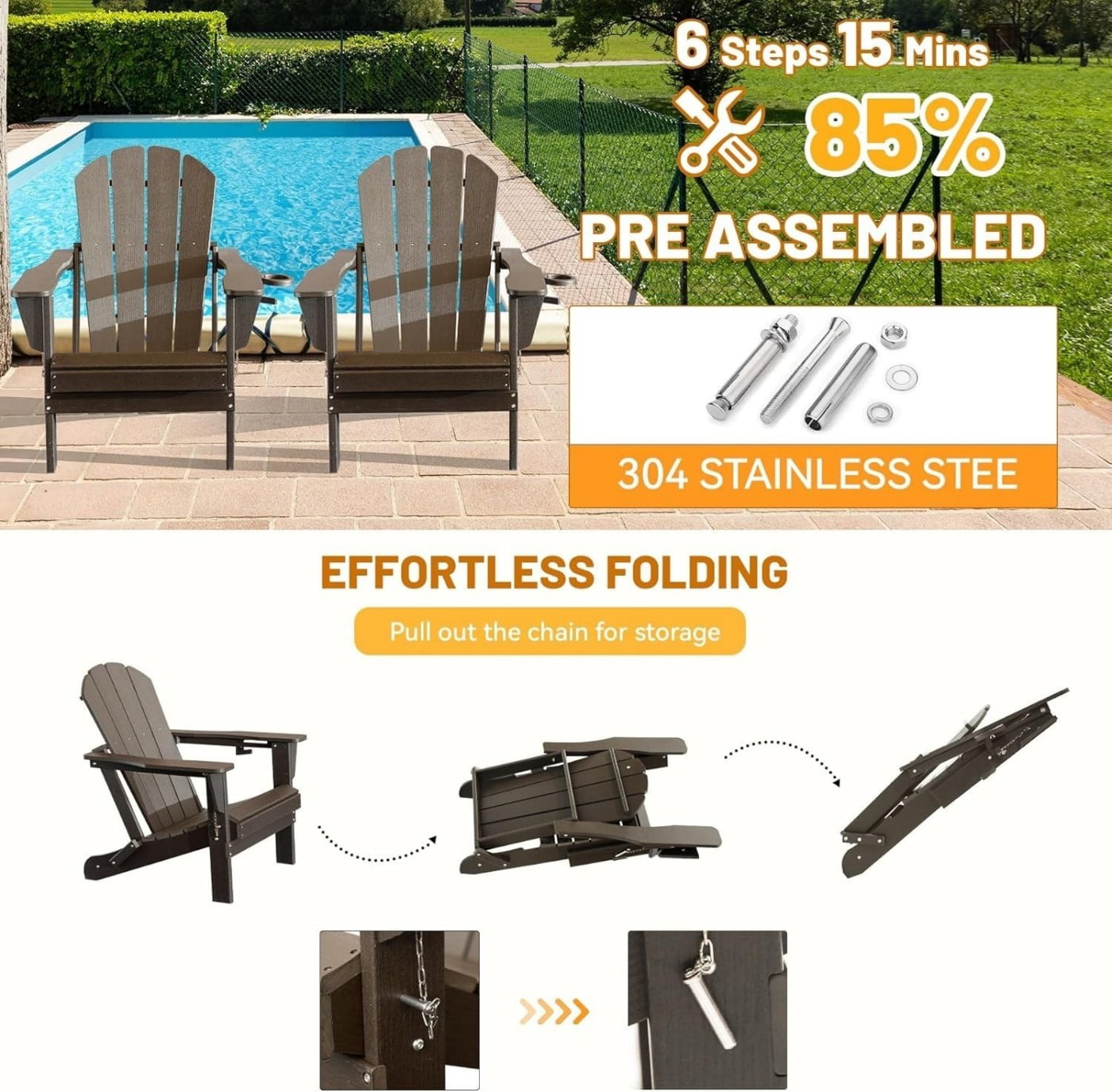Adirondack Chairs Set of 2, Folding HDPE Outdoor Chairs with Cup Holders, Weather Resistant Patio Chairs with Wood Grain Finish for Lawn, Deck, Fire Pit, Brown