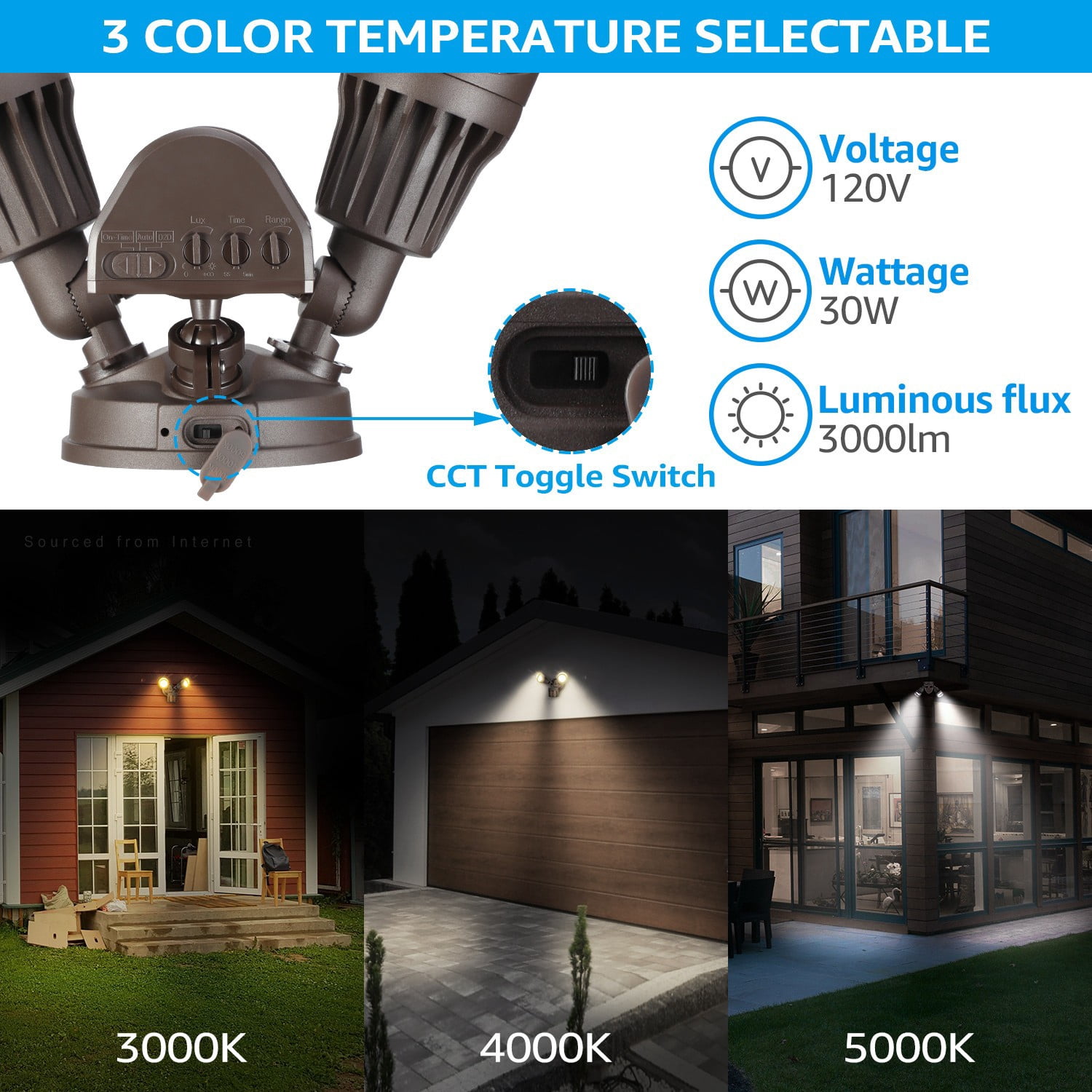 4 Pack 3CCT 2-Head Adjustable LED Security Light, Motion Sensor Flood Lights Outdoor Dusk to Dawn, 3000K/4000K/5000K Selectable, Bronze