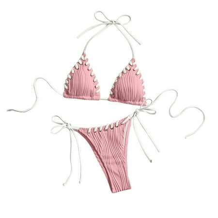 UTSJKR Bikini Sets for Women Sexy Cheeky Push up Triangle Top String Thong 2 Piece Bathing Suits Halter Ladies Swimsuit 2025 Pink L