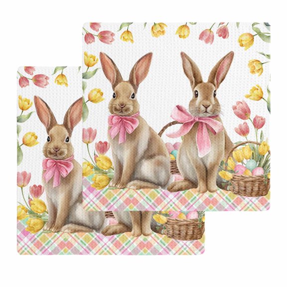 Easter Bunny Eggs Kitchen Dish Towels for Drying Dishes Set of 2, Spring Tulips Rustic Rabbits Colorful Plaid Waffle Weave Microfiber Hand Tea Bathroom Towels Quick Dry & Absorbent Towel 12x12