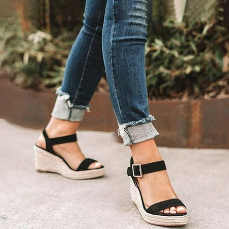 

Yutnsbel Sandals Women Summer Large Size Wedge Buckle Belt Open Toe Slope Heel Weaving Sandals