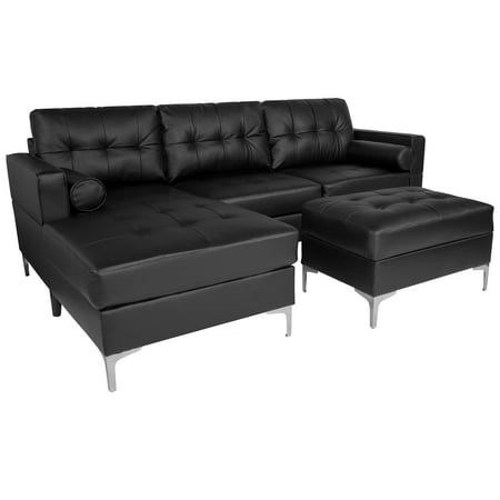 Riverside Flash Furniture Upholstered Tufted Back Sectional With Riverside Flash Furniture Upholstered Tufted Back Sectional With Left Side Facing Chaise Bolster Pillows And Ottoman Set In Black Leather
