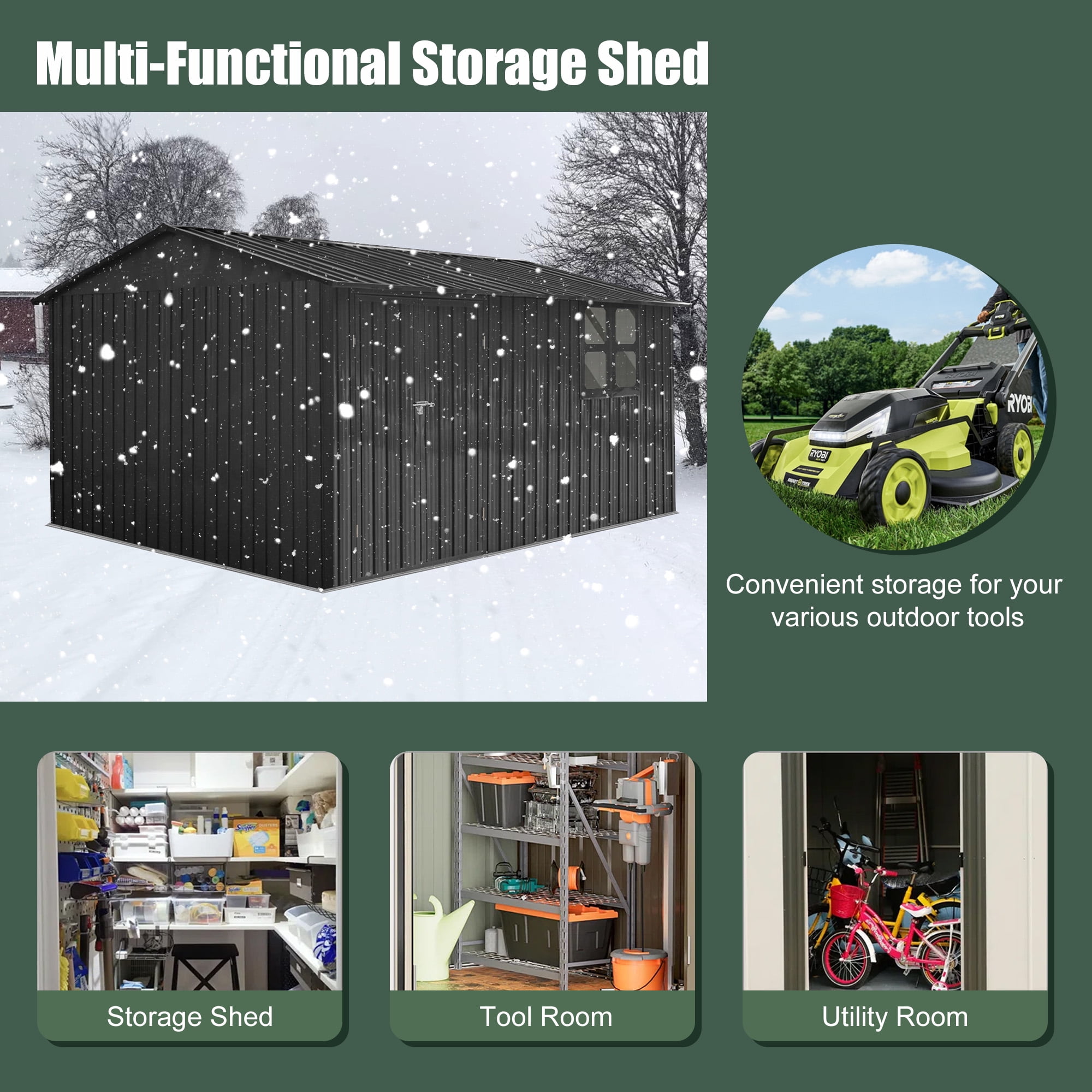 Aukfa 12FT x 10FT Outdoor Storage Shed, Metal Shed Storage with Window, Roof Slope Tool Shed with Door and Padlock for Backyards, Patio Lawns and Outdoor, Black