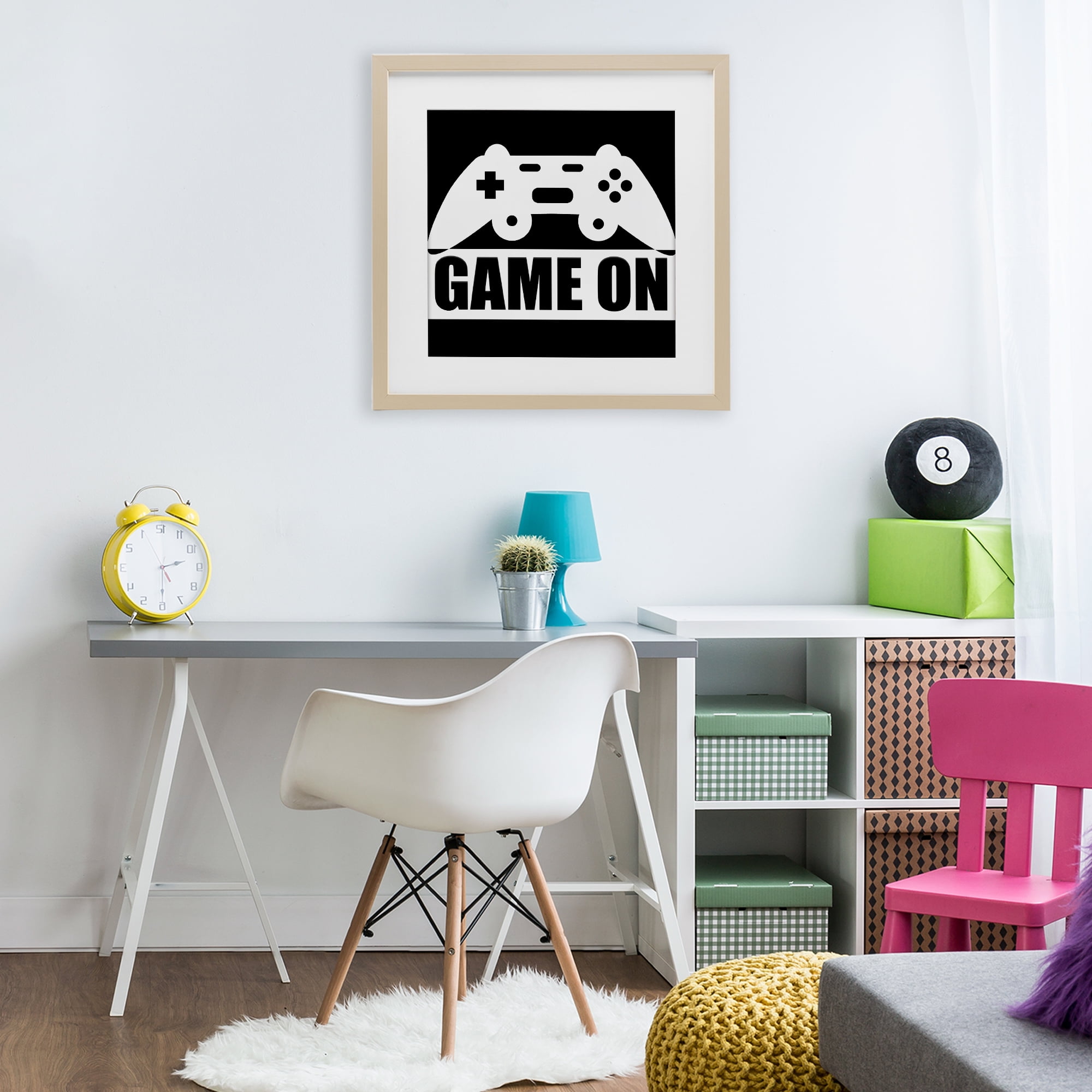 Game On Retro Black & White Birch Framed Print Under Glass, design by Kim Allen
