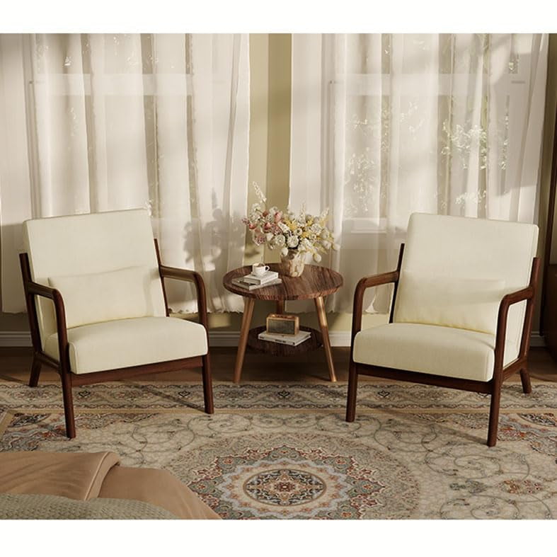 Mid-Century Modern Accent Chair Set of 2 – Comfortable Chenille Lounge Armchair with Lumbar Pillow, Sturdy Wood Frame, for Living Room, Bedroom, Office – Chenille Beige