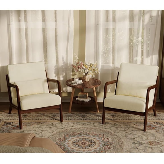 Mid-Century Modern Accent Chair Set of 2 – Comfortable Chenille Lounge Armchair with Lumbar Pillow, Sturdy Wood Frame, for Living Room, Bedroom, Office – Chenille Beige