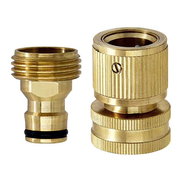 kit de conectores rápidos de latón para manguera de jardín accesorios de manguera de desconexión rápida macho y hembra (1 par) vista frontal de un par: a la izquierda adaptador macho con rosca estándar 3/4" GHT y junta tórica negra; a la derecha acoplador hembra estriado de desconexión rápida con anillo de bloqueo, construcción sólida de latón visible sobre fondo blanco. Compatible con mangueras, lavadoras a presión y accesorios de riego; suele emplearse también para transportar o guardar conexiones de jardín.