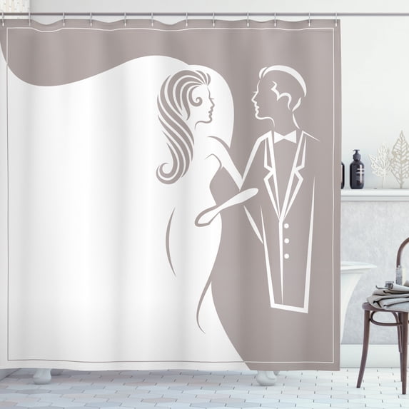Engagement Party Shower Curtain, Silhouette of Newlywed Groom and Bride Wedding Invitation Design, Fabric Bathroom Set with Hooks, 69W X 75L Inches Long, Taupe and White, by Ambesonne
