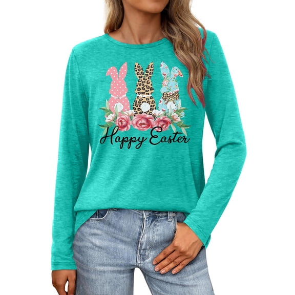 Alun Womens Long Sleeve T Shirts Happy Easter Festival Letter Print and Graphic Tee Tops 2026 Spring and Summer Casual Clothes Soft Comfortable Workout Leisure T-Shirt 2-Mint Green XL