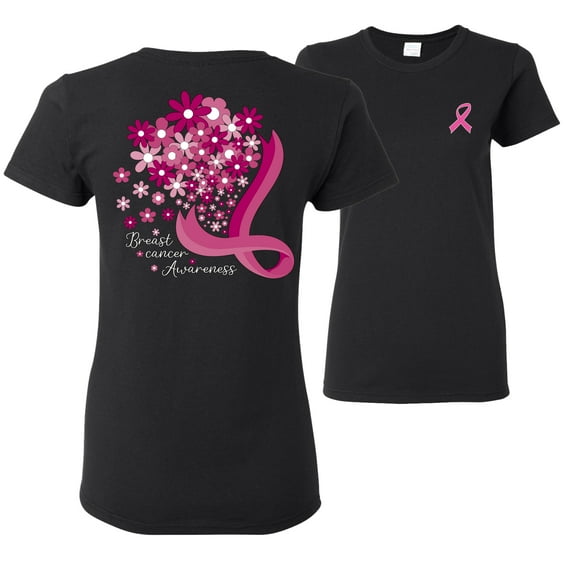 Wild Bobby Breast Cancer Awareness Front and Back Flowers Breast Cancer Awareness Front and Back Womens Graphic T-Shirt, Black, Small
