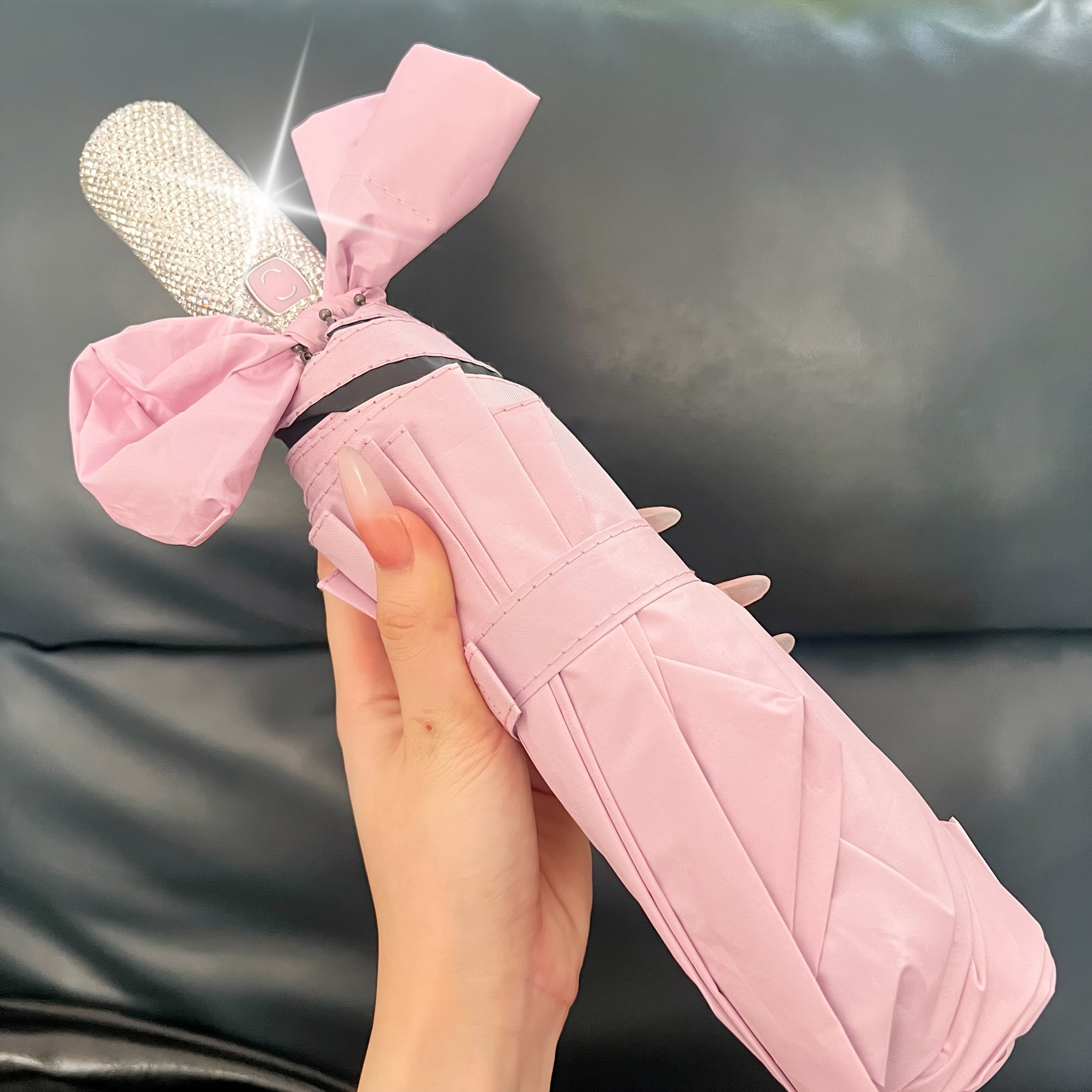 Sparkling Rhinestone-Decorated Pink UV Protection Automatic Open Compact Foalding Umbrella with Elegant Bow Handle - 10-Rib Durable Lightweight Portable Design for Women, Casual & Formal Use