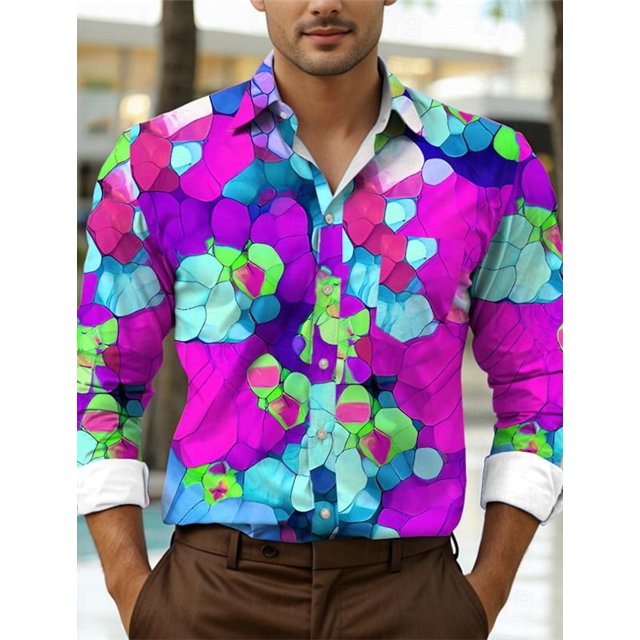 Camisa con estampado 3D abstracto subcultural de bloques de colores para hombre, camisa de manga larga con tejido elástico en 4 direcciones y cuello vuelto, moda de otoño