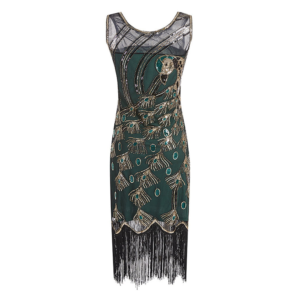 Onefa Womens Sequined Dress 1920s Inspired Sequins Beads Long Tassel Inserts Dress Short Sleeve Sequin Dress Vintage Party Dress 