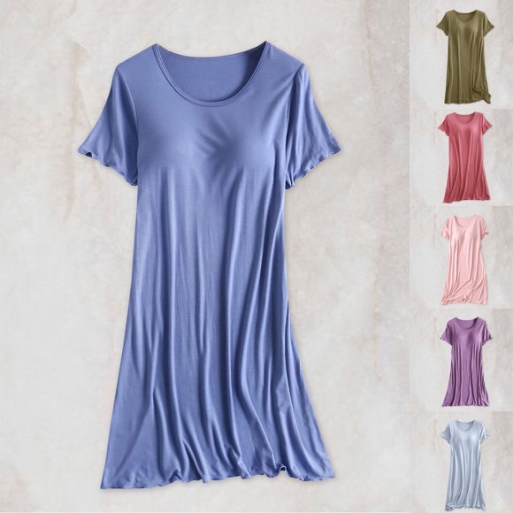 Fartey Nuisette Douce pour Femmes avec Soutien-Gorge Intégré Manches Courtes Col Rond Midi Vêtements de Nuit Ample Décontracté Couleur Unie Violet 2TG