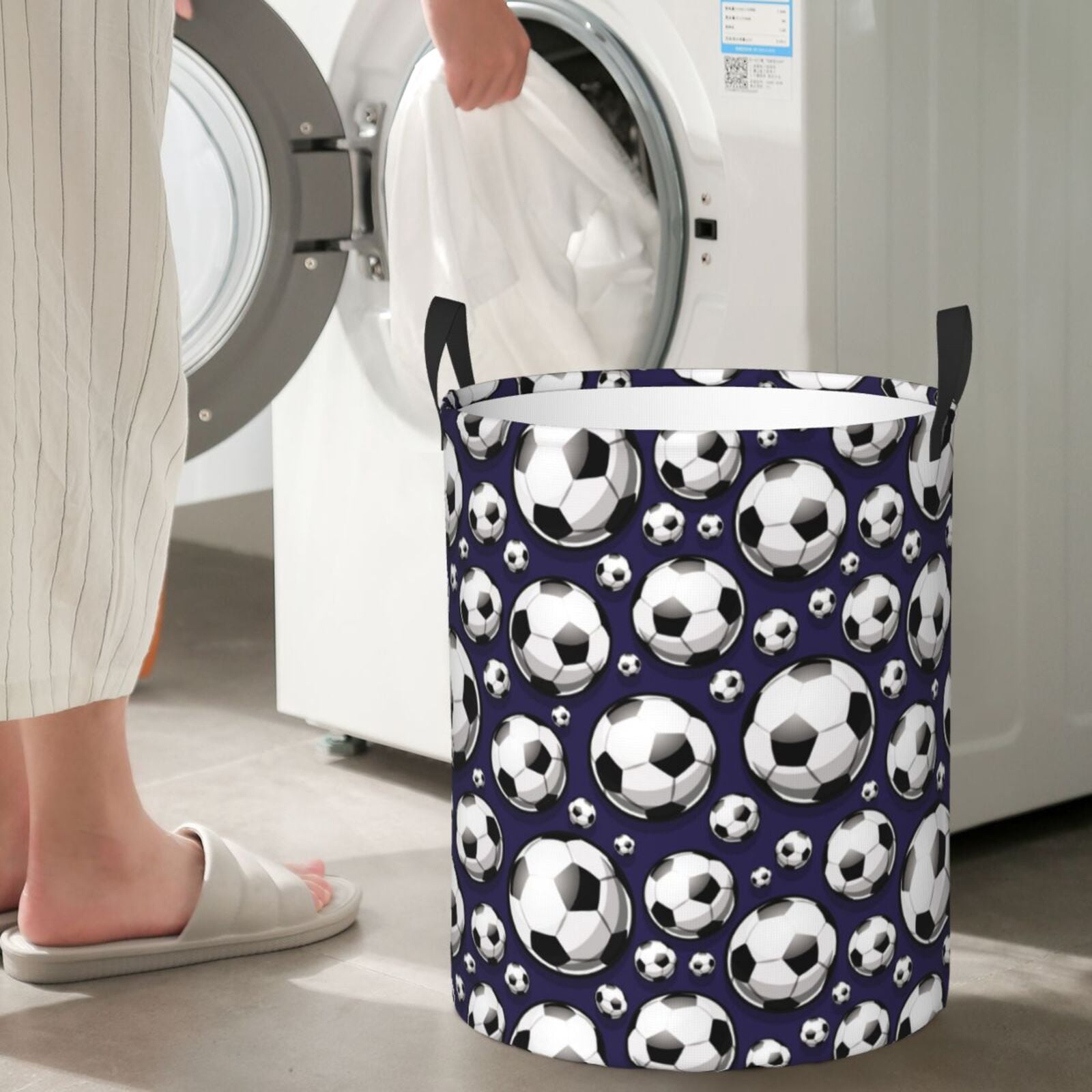 Large Laundry Basket with Handles - football soccer ball navyblue Kids Baby Dirty Clothes Laundry Hamper for Bedroom Aesthetic