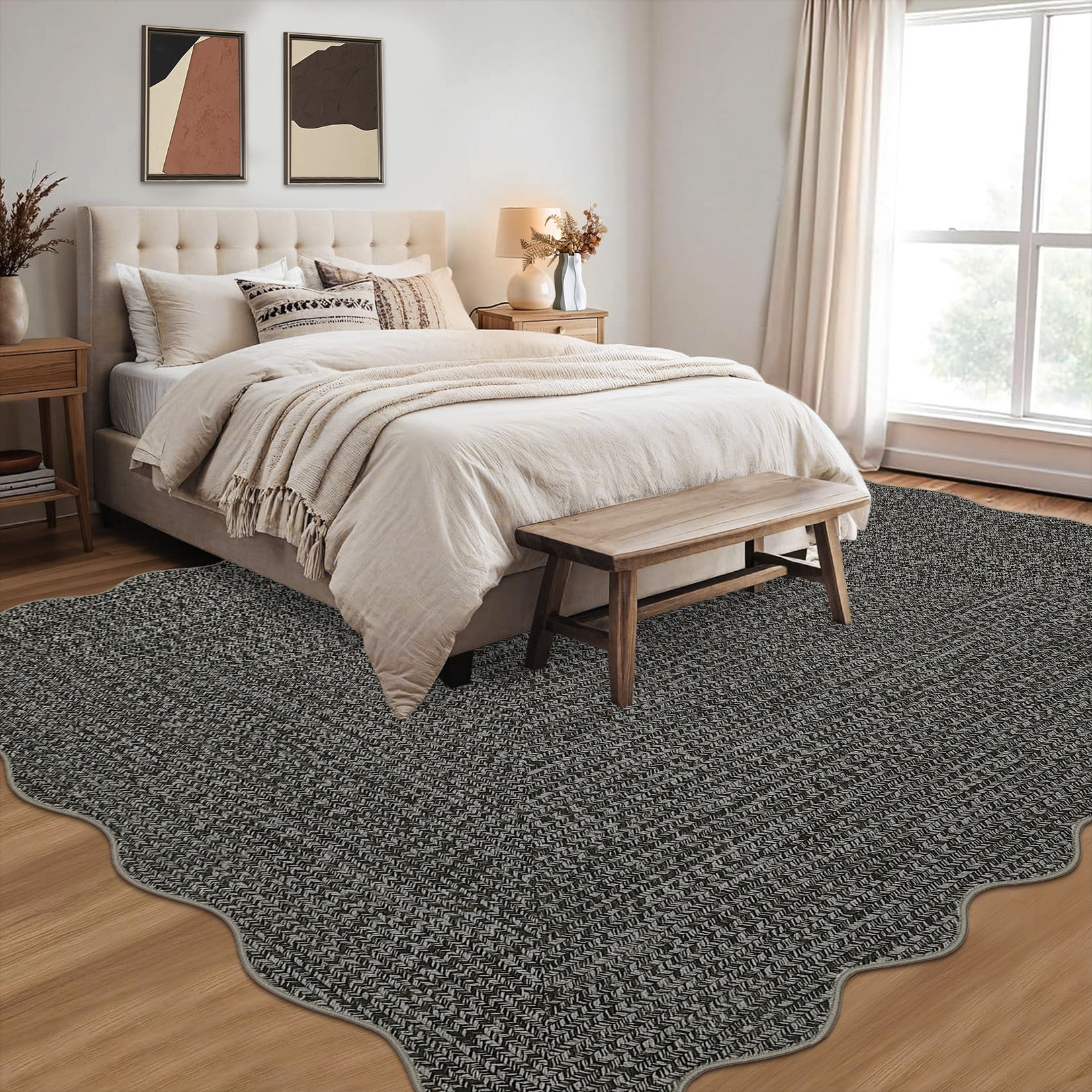 Garvee 8'x10' Scalloped Rug Farmhouse Braided Print Carpet, Washable Rug Soft Non Slip Low Pile Rug Indoor Neutral Carpet for Living Room Bedroom Dining Room, Gray Brown