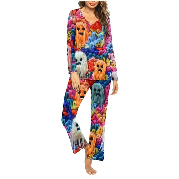 Tnhcen Luxurious 2-Piece Women’s Halloween Print Pajamas V-Neck Long Sleeve Pants Set Nighttime Homewear S-3XL