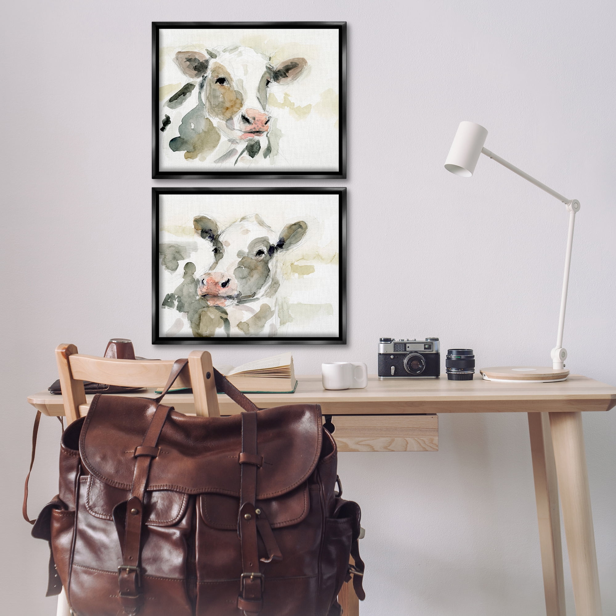 Stupell Industries Watercolor Holstein Farm Cows Animals Painting Black Floater Framed Canvas Art Print Wall Art, 21 x 17, Set of 2