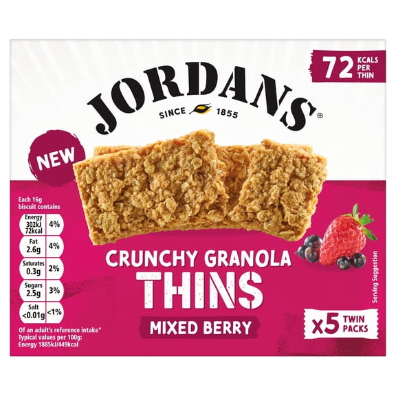 Jordans Granola Thins Mixed Berry Oat Cereal Snack Bars 160g, Imported from Britain