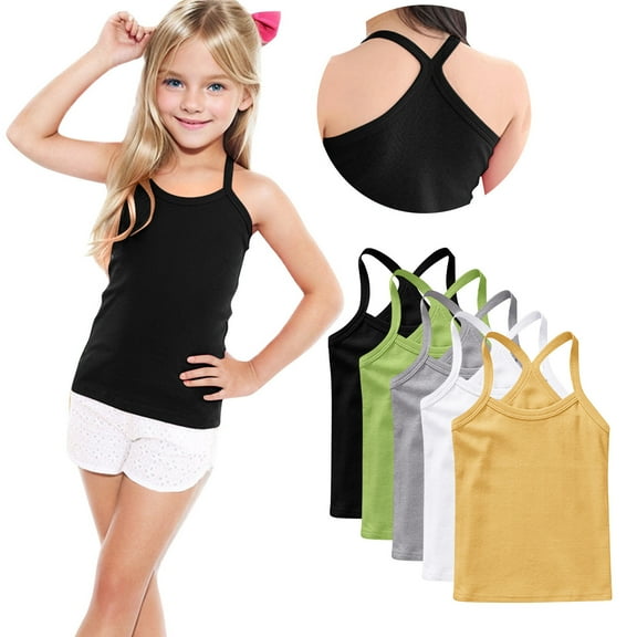 ZACPNCV 5 Pack Girls Dance Tank Tops Racerback Camisole Undershirts Summer Spaghetti Strap Sleeveless Crop Tops for Boys Dress Clothes Black 6-7 Years