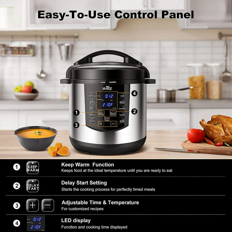 Willz 6 in 1 Multi Use Programmable Pressure Cooker Slow Cooker Rice Cooker Steamer Saut Food Warmer 6 Qt Stainless Steel