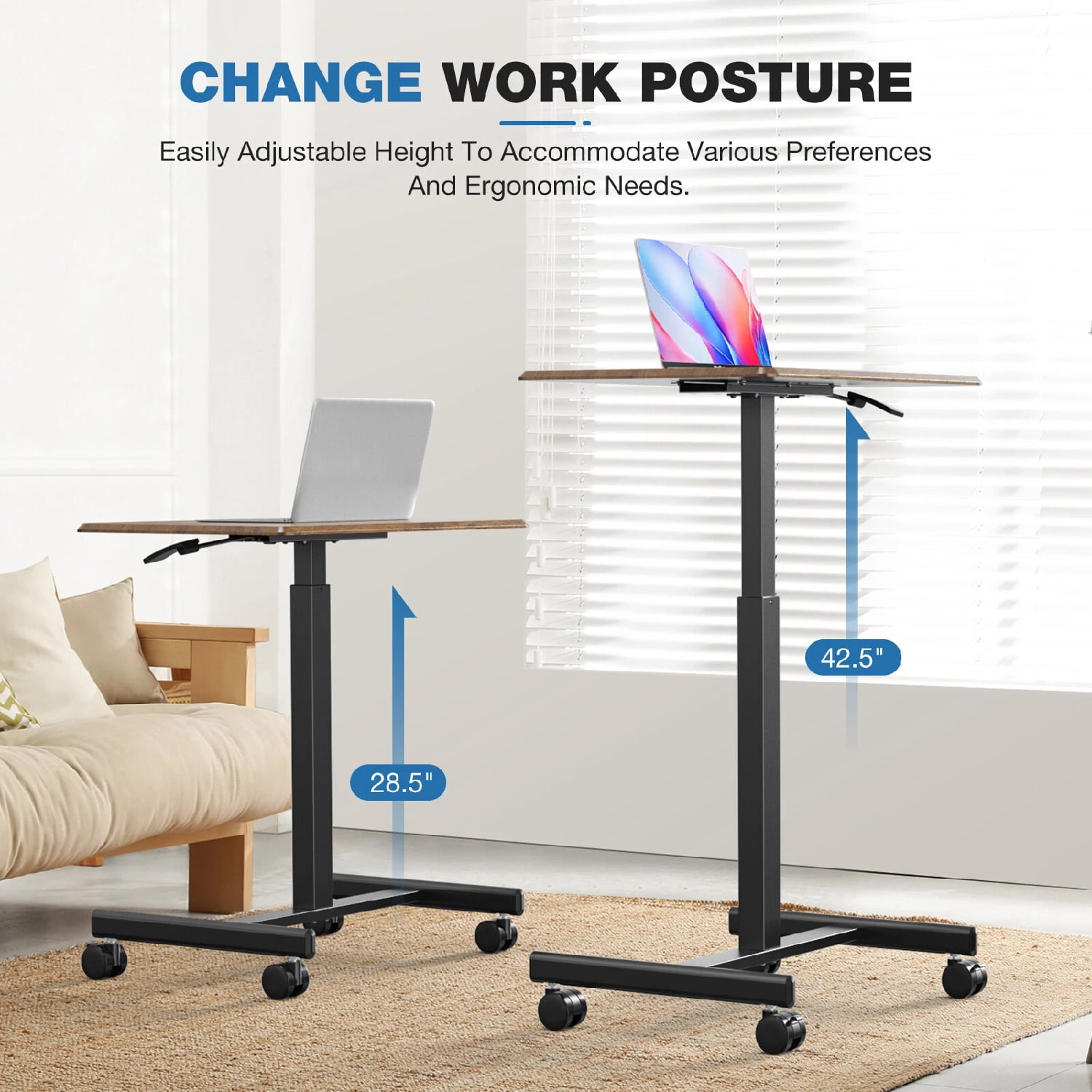 Small Mobile Standing Desk, Adjustable Rolling Laptop Table with Locking Wheels for Home Office, Rust Brown