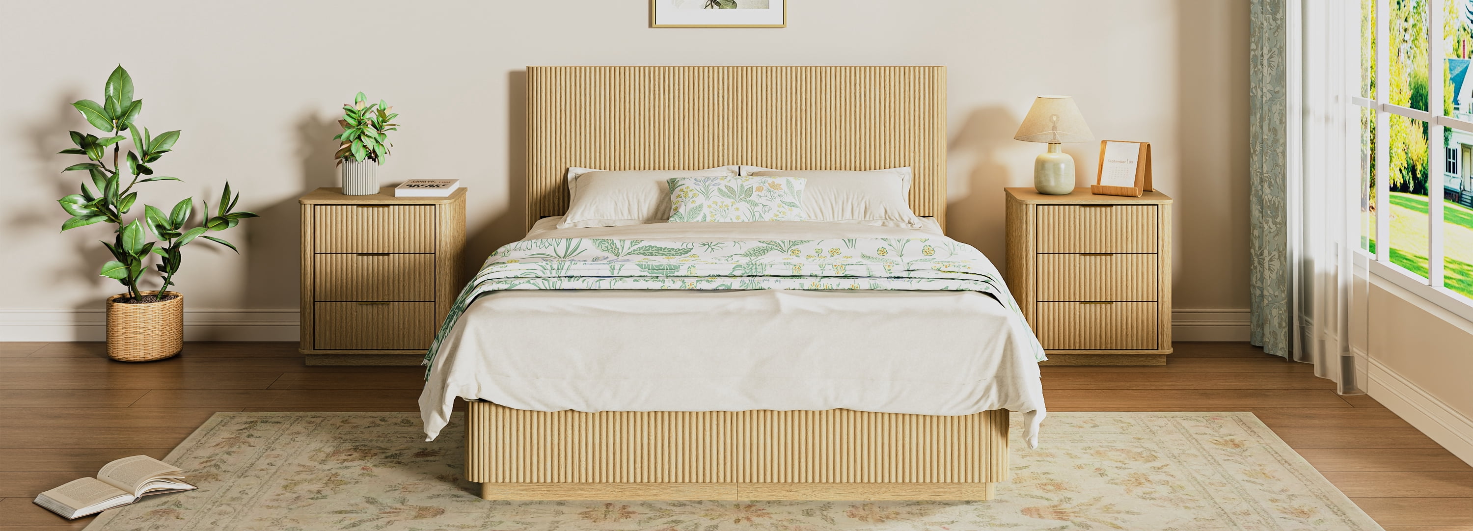 Sailvan Queen Bed Frame with LED Lights and Corrugated Curved Design