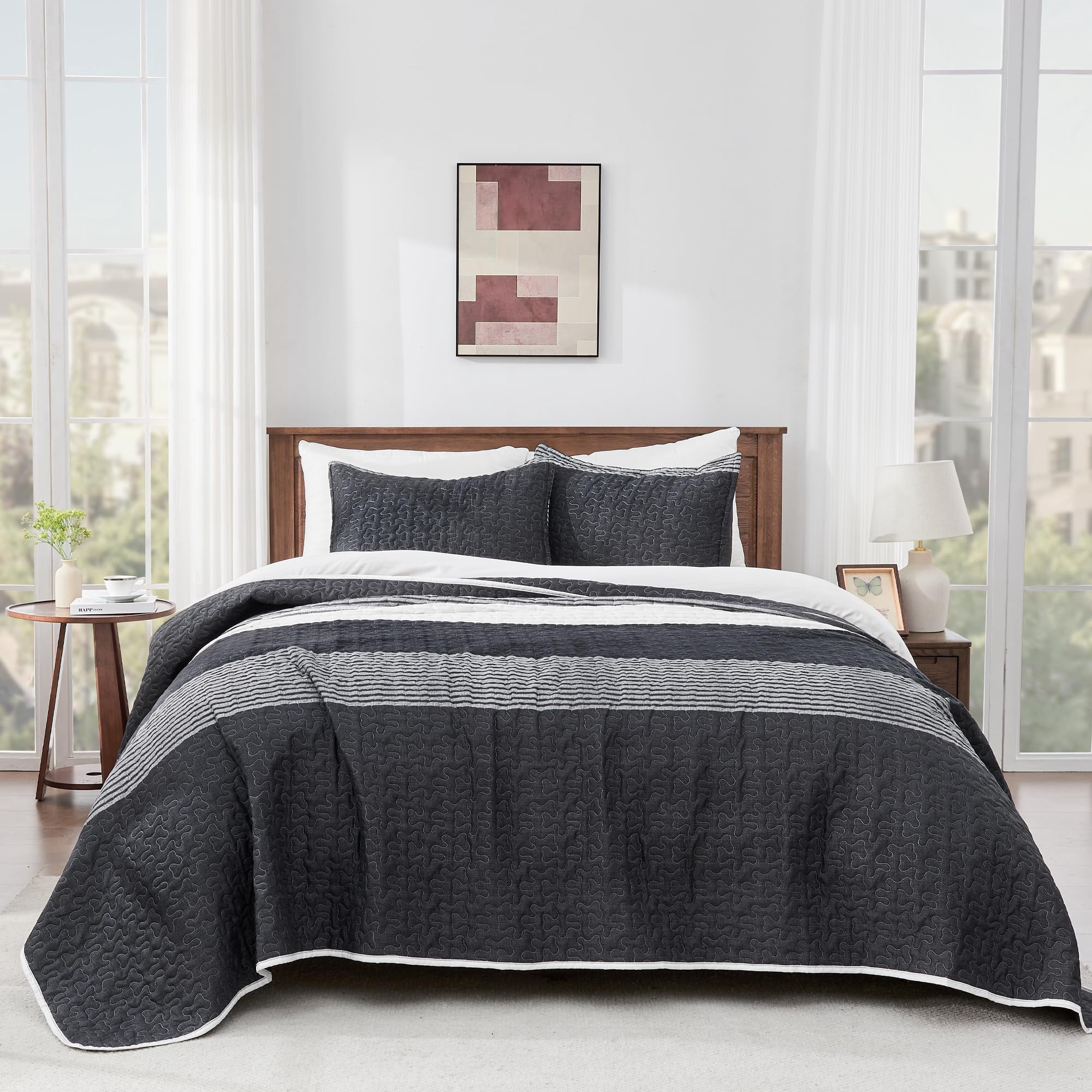 ANGENIA Queen Quilt Bedding Set Black and White, 3 Pieces Patchwork Striped Ultra Soft Lightweight Bedspreads, Coverlets Set with 2 Pillow Shams for All Seasons (90"x96")