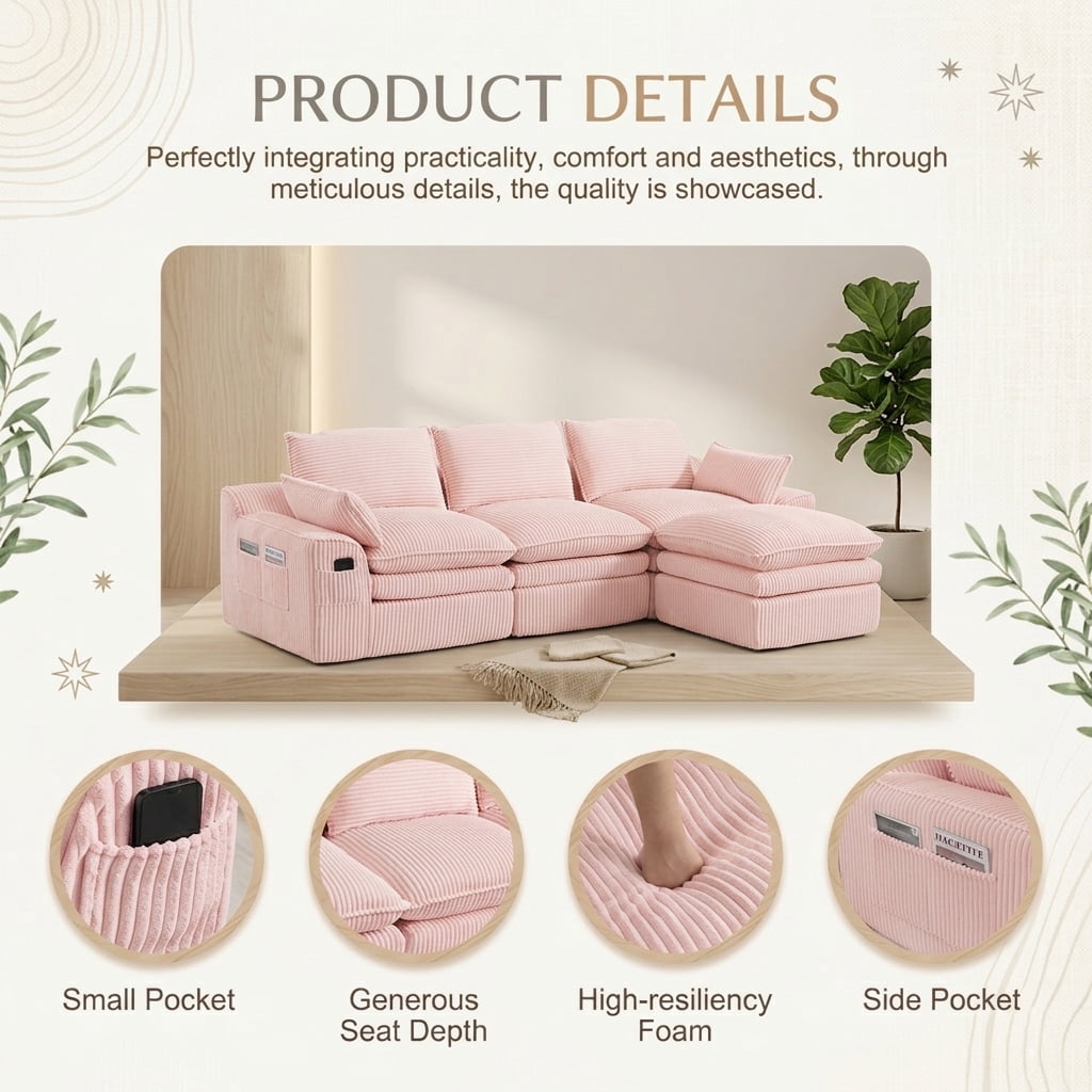 104" Modern Modular L-Shaped Sectional Cloud Sofa, Compressed Corduroy Floor Couch with Movable Ottoman