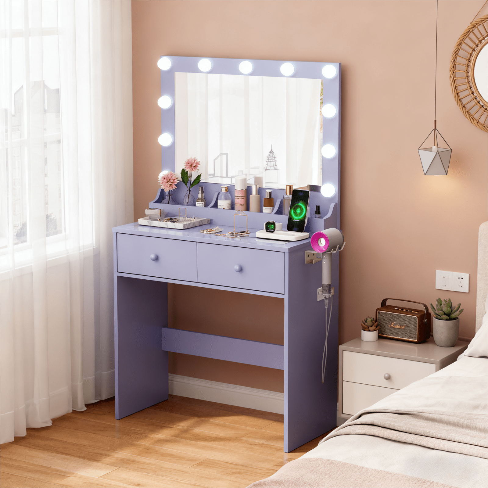 Zimtown Vanity with Mirror and Light, Makeup Desk  with Charging Station and Storage, Dressing Table with Hair Dryer Rack for Bedroom, Sophia Purple