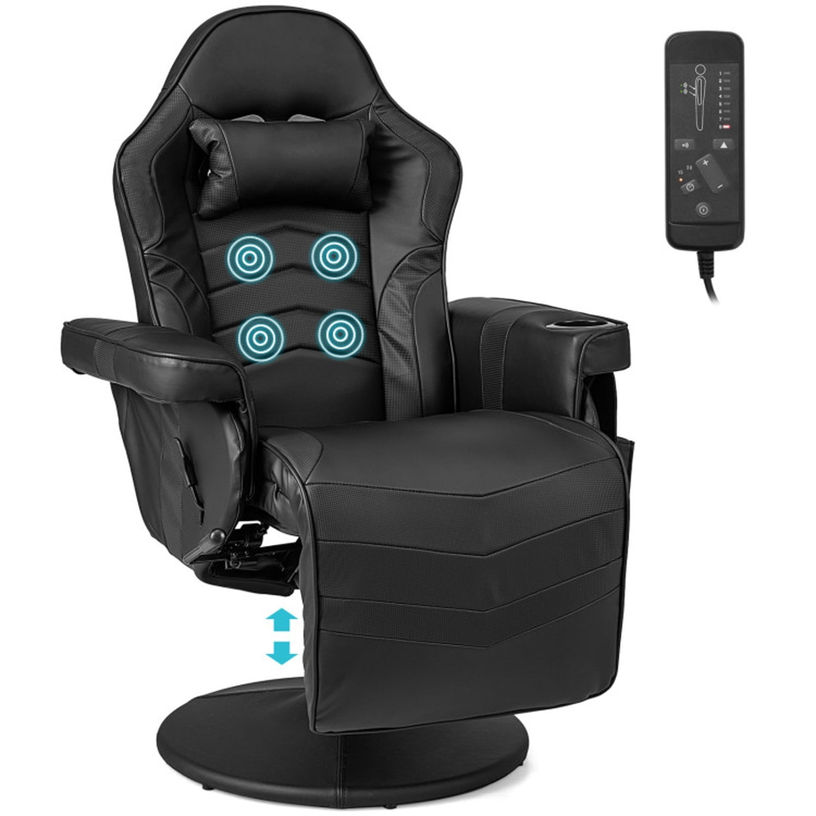 Furnibear Massage Video Gaming Recliner with Adjustable Height Reclining Backrest Retractable Footrest and Cup Holder for Office and Gaming, Black