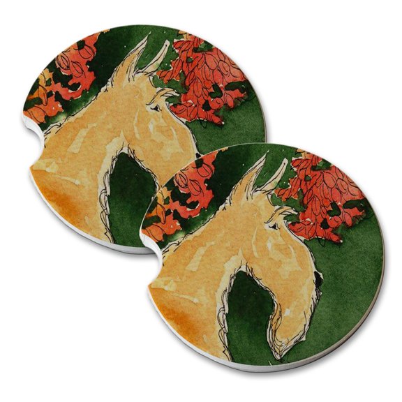KuzmarK Sandstone Car Drink Coaster (set of 2) - Wheaten Scottish Terrier with Autumn Leaves Scottie Dog Art by Denise Every