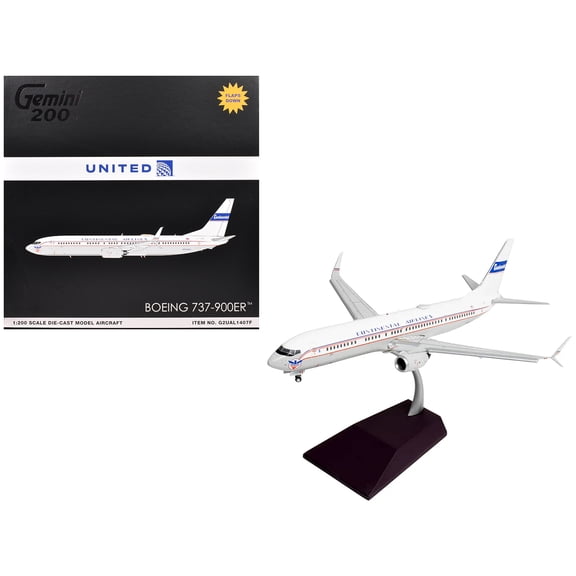 Boeing 737-900ER Commercial Aircraft with Flaps Down "Continental Airlines - United Airlines" (N75435) White with Red and Blue Stripes "Gemini 200" Series 1/200 Diecast Model Airplane by GeminiJets