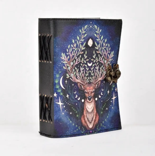 Handmade Leather Deer Journal with Celestial Design, Vintage Lock Writing Diary Notebook