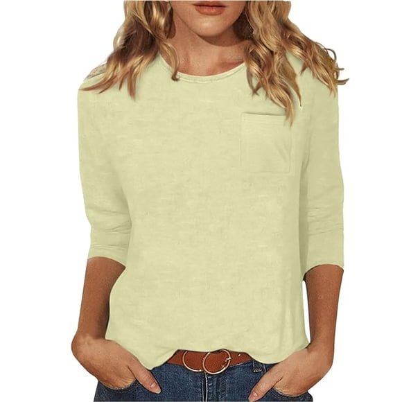 DENGDENG Hauts en Coton pour Femmes Manches 3/4 Manches au Coude T-Shirts d'Été Mode 2025 Col Rond Blouse Décontractée Travail Chemises Trois Quarts Chandail de Printemps avec Poche Beige 3TG