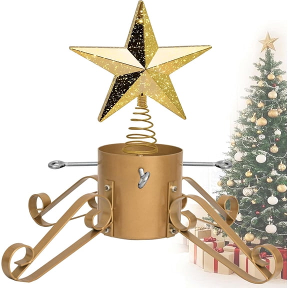 "10FT Christmas Tree Stand for Real & Artificial Trees (24" Base holds up to 10 ft Live Trees), 3D Tree Topper with Timer (20 Clear Lights, 8 Light Modes, Gold)