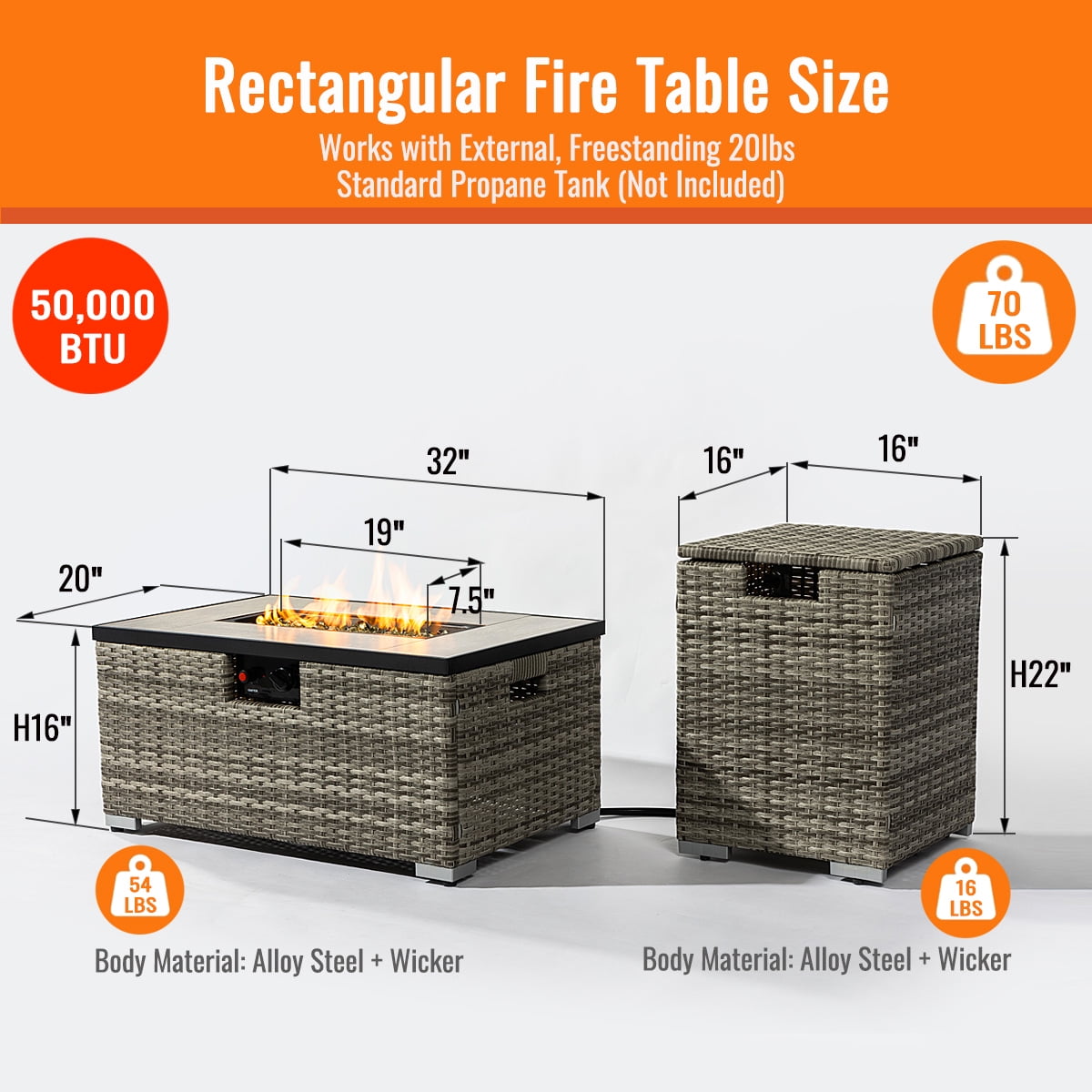 AJ Enjoy 32'' Propane Fire Pit Table, Marble Textured Ceramic Tabletop, 50,000 BTU Fire Table with Gray Wicker, Mix Color Glass Rocks, Including Lid&Cover