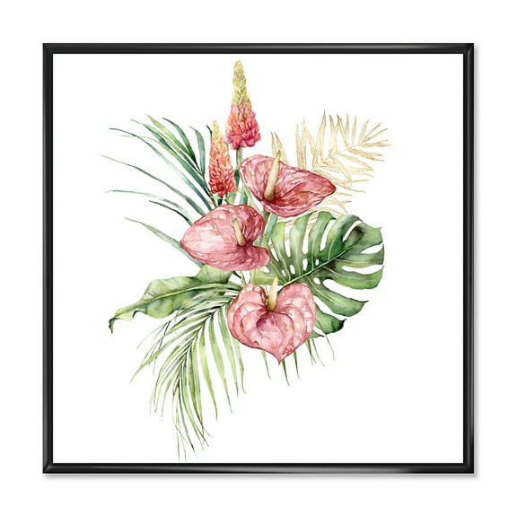 Designart 'Tropical Bouquet With Anthurium Lupine and Leaves On White I' Traditional Framed Canvas Wall Art Print