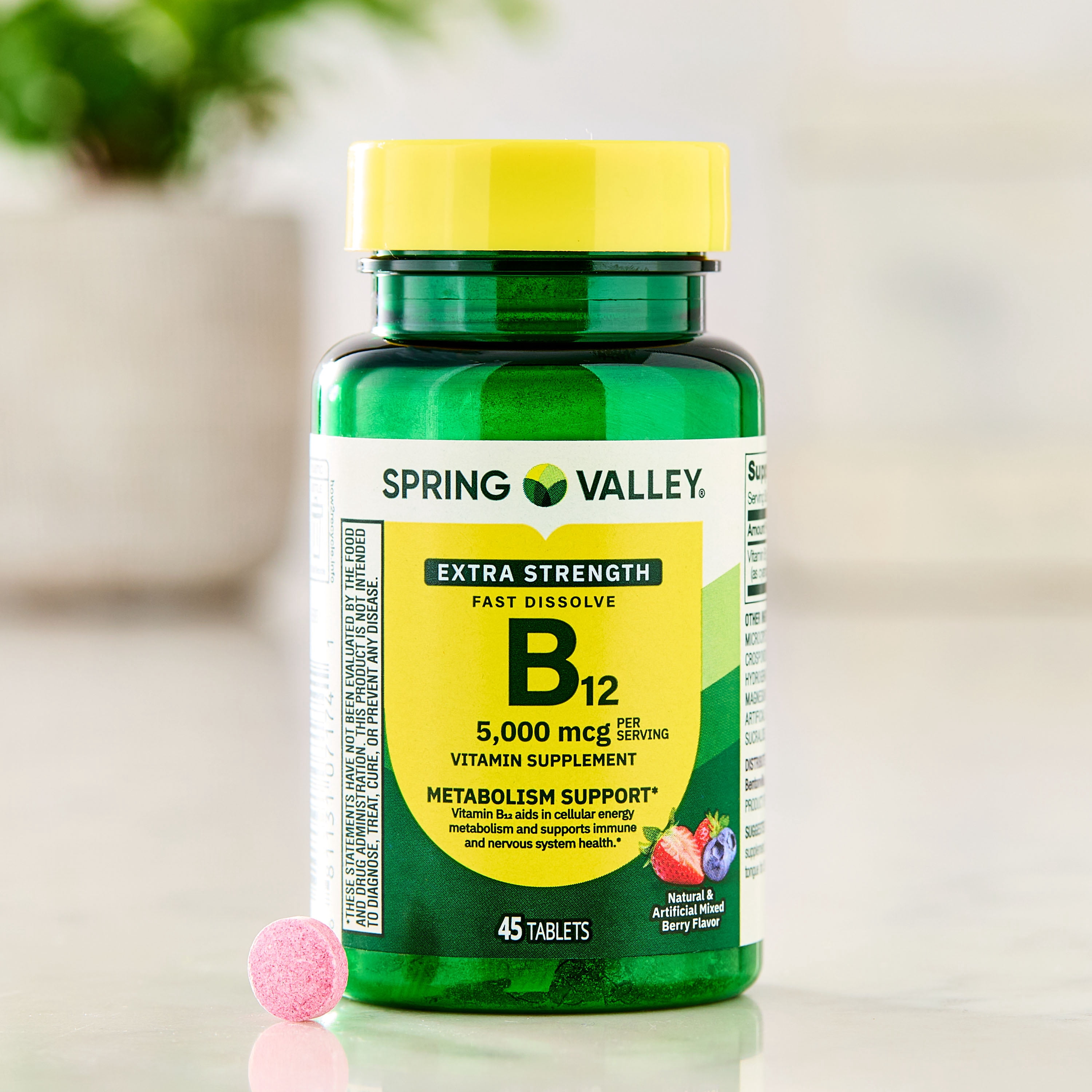 Spring Valley Fast-Dissolve Extra Strength Vitamin B12 Dietary Supplement Tablets for Metabolism Support, Mixed Berry, 5000 mcg, 45 Count