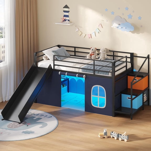 Low Loft Bed Twin with Slide, Storage Drawers and Led Lights, Metal Twin Size Loft Beds with Art Table, Storage Stairway and Under-Bed Play Space, Twin Beds with Safety Guardrail, Black