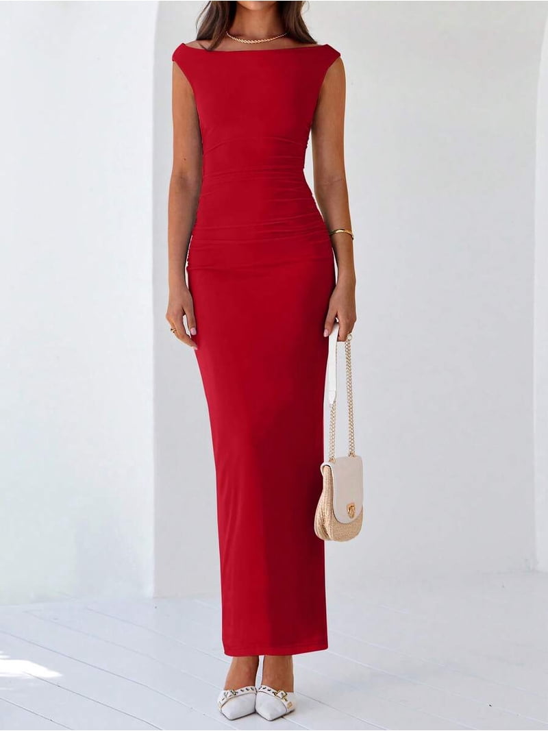 red bodycon ruched dress One Shoulder Maxi For Evening Formal Cocktail Wedding Guest Occasion out looks with an