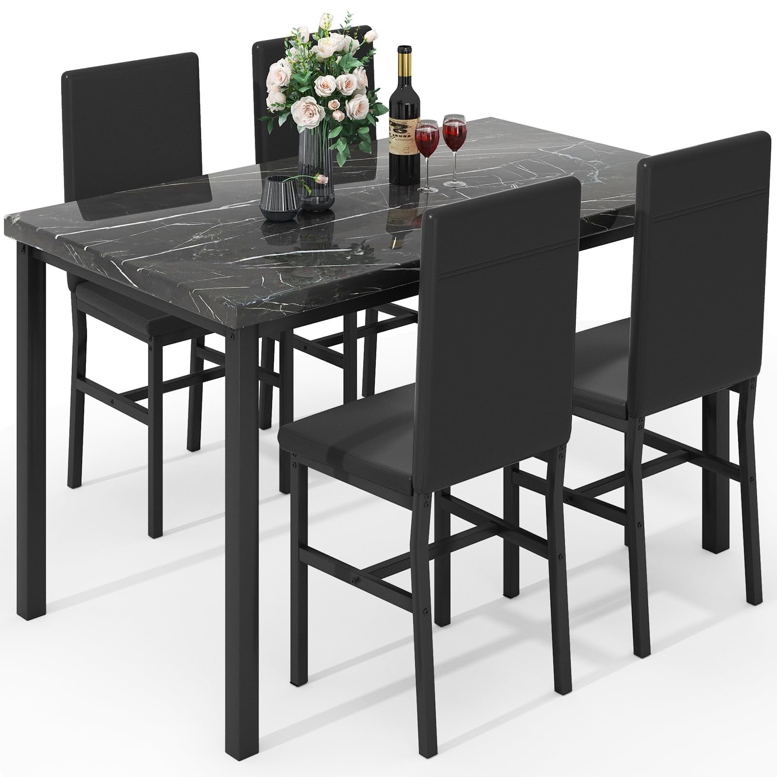 LinkRomat Dining Table Set for 4, Faux Marble Kitchen Table Set with 4 Leather Upholstered Chairs, 5 Piece Modern Dinette for Dining Room
