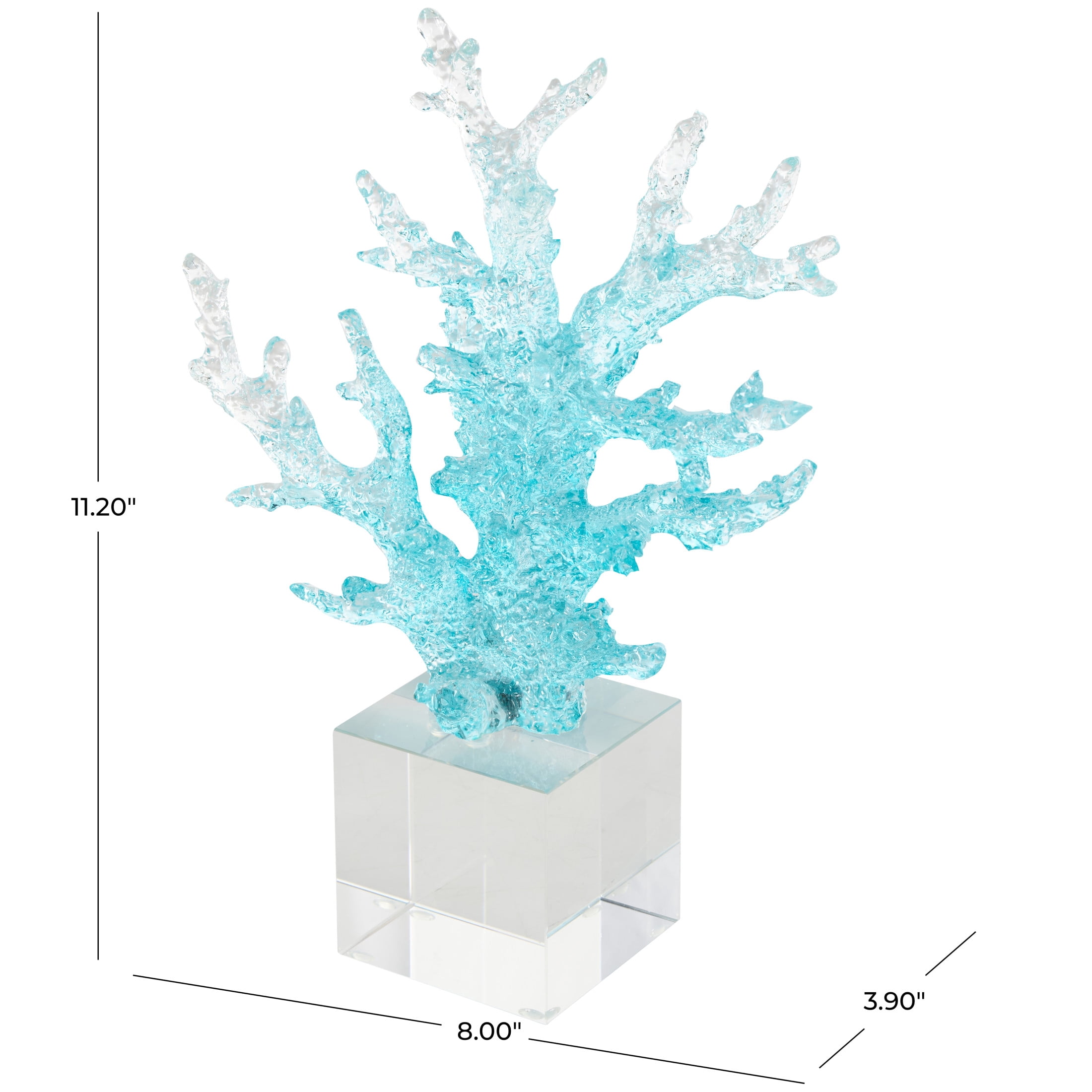 8" x 11" Blue Glass Ombre Coral Sculpture with Clear Square Base, by DecMode