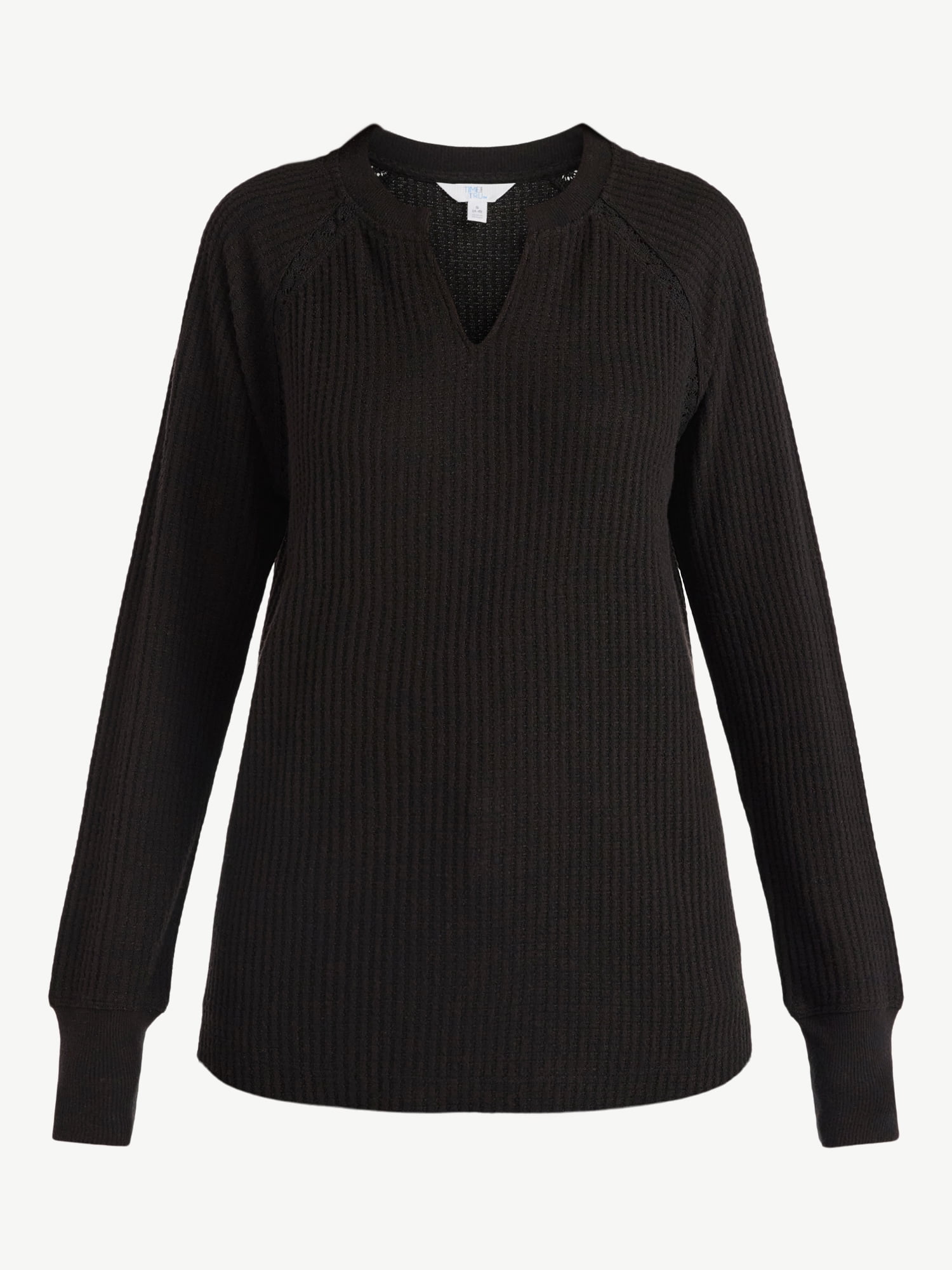 Time and Tru Women’s Notch Neck Waffle Top with Long Sleeves, Size XS-XXXL