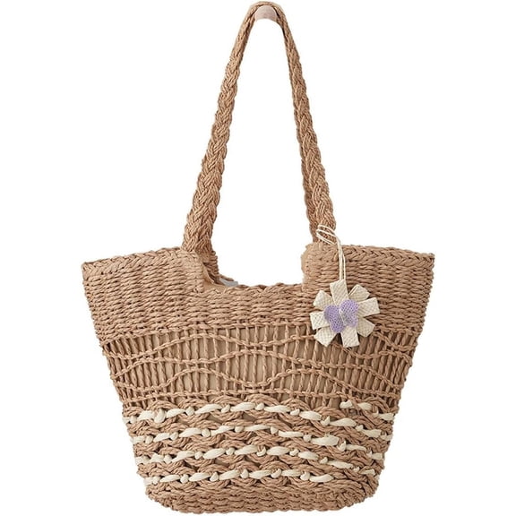 Straw Tote Bag for Women Summer Vacation Beach Handbags Boho Rattan Woven Shoulder Purse Zipper Closure