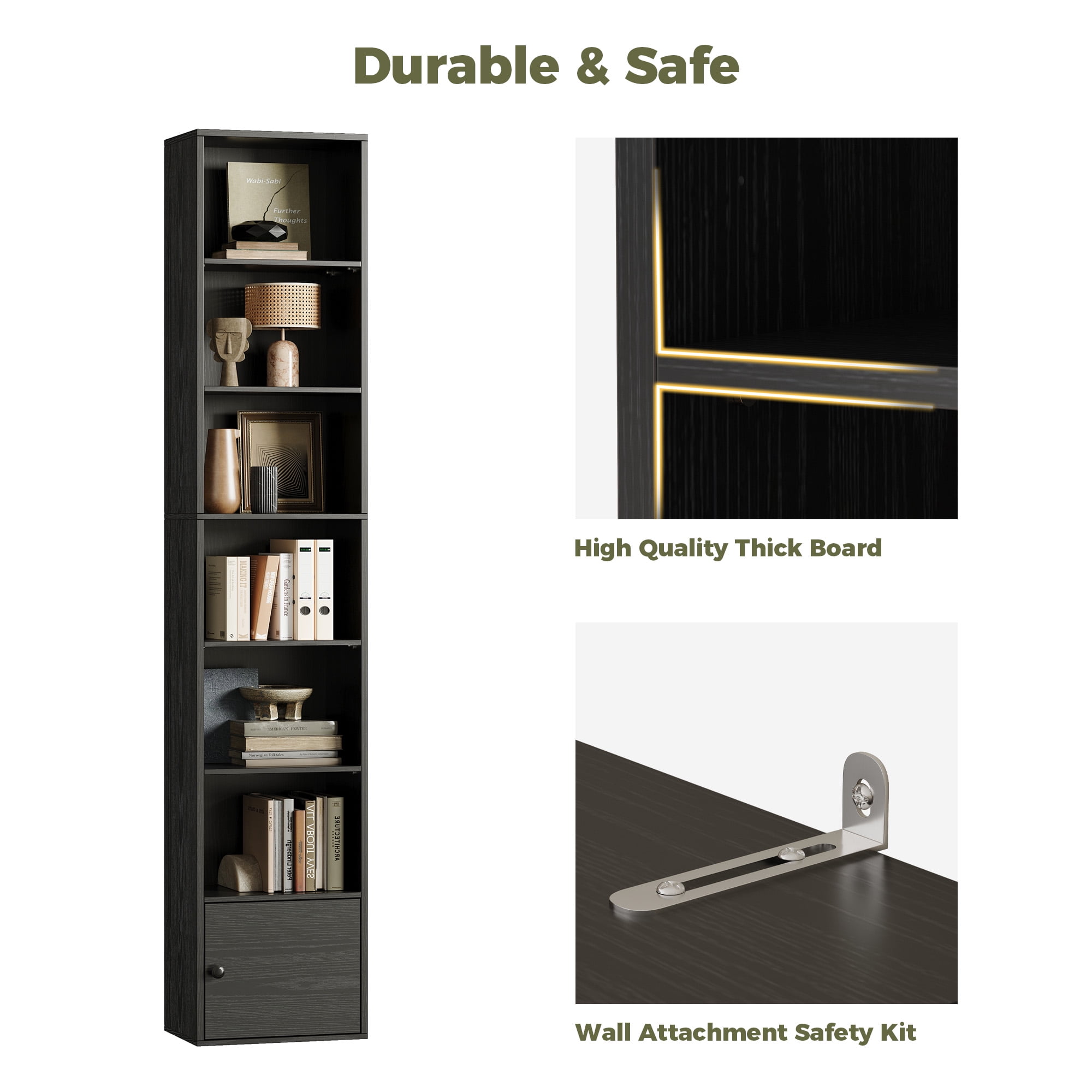 IRONCK 74.8" Tall Narrow Bookcase, 6 Tiers Open Adjustable Shelf and 1 Storage Cabinet for Home Office, Black