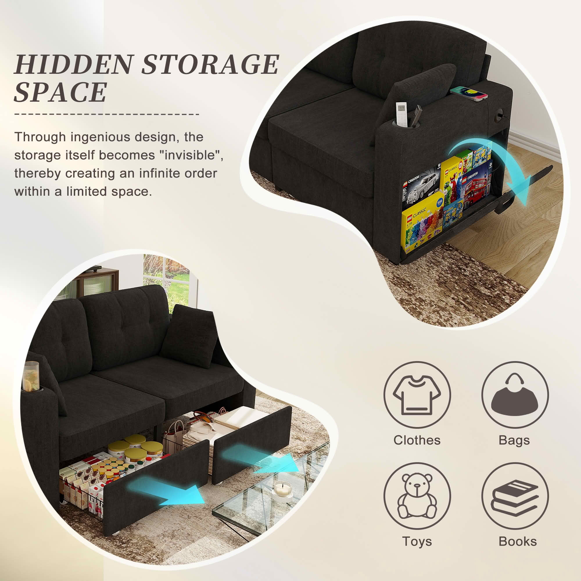 MAYEERTY Modern 3-Seat Chenille Sofa, Wood Frame Sectional Couch with USB Charging, Cup Holder & Storage Function for Home Small Space Living Room