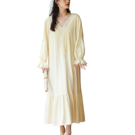 SWSMCLT Women's Long Sleeve Victorian Nightgown Vintage Oversized Soft Spandex Loose Cotton Pjs V Neck Night Gown Spring Yellow Large